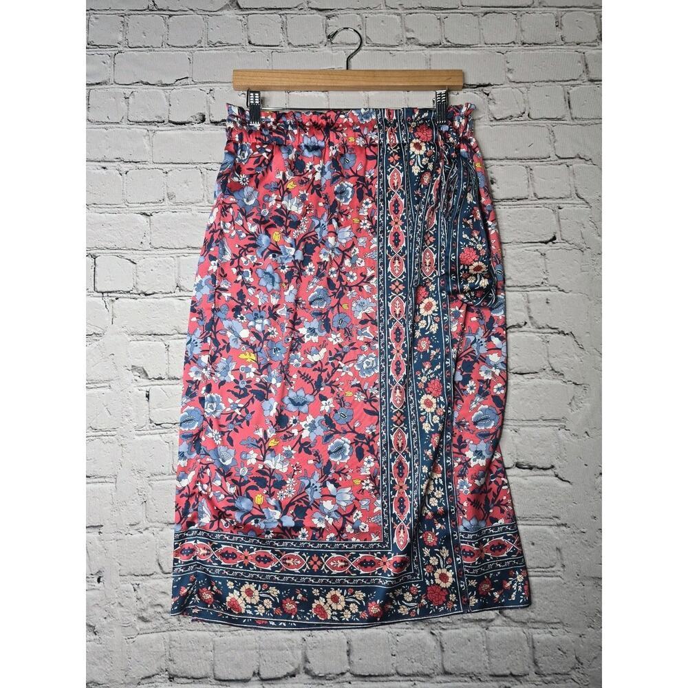 Loft‎ Red Blue Garden Girl Print Wrap Style Elastic Waistband Skirt Size 4